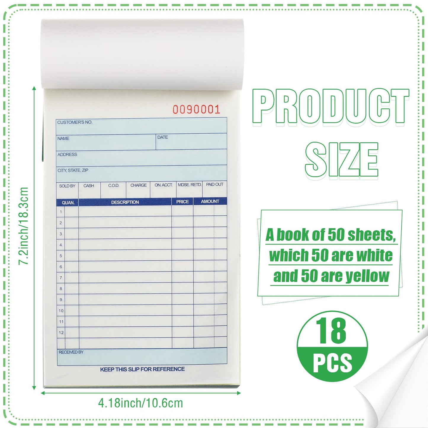 Lincia 18 Pads Sales Order Books 2 Part Carbonless (White/Canary Yellow) Receipt with Carbon Copies Cover Receipt Form Invoice 50 Sets Per Book (4.18 x 7.2 Inch/ 10.6 x 18.3 Cm)