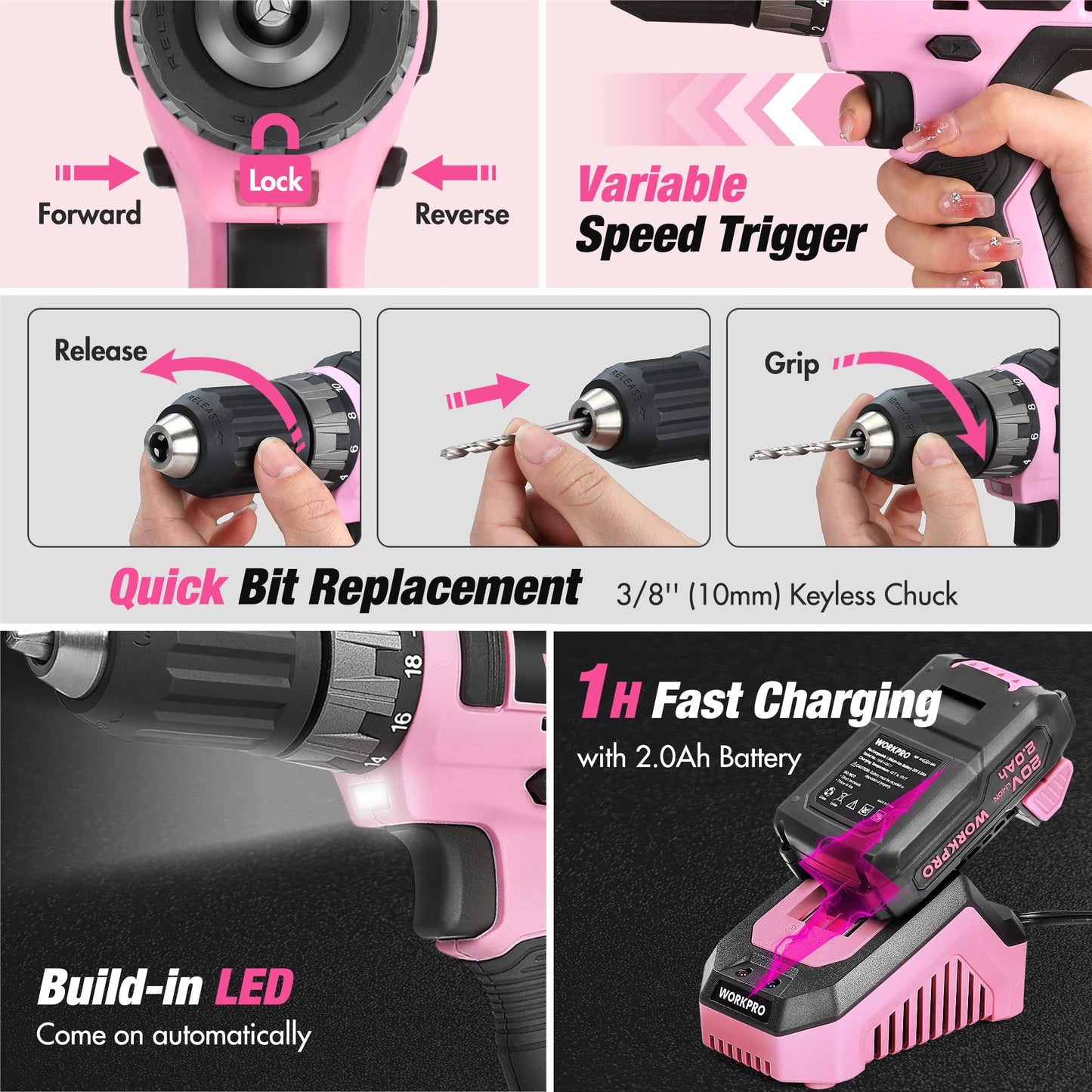 WORKPRO Pink Household Tool Kit with Drill, 157PCS Tool Set with 20V Cordless Lithium-ion Drill Driver, Home Tool Kit for All Purpose, Power Drill Sets with Pink Tool Bag - Pink Ribbon