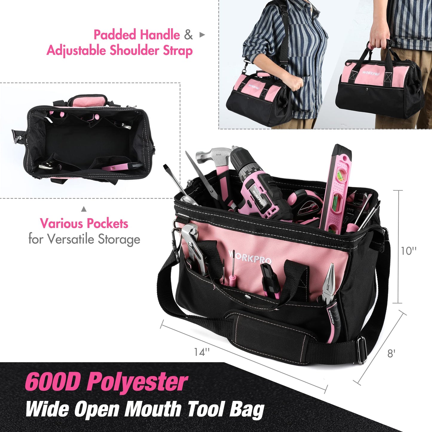 WORKPRO Pink Household Tool Kit with Drill, 157PCS Tool Set with 20V Cordless Lithium-ion Drill Driver, Home Tool Kit for All Purpose, Power Drill Sets with Pink Tool Bag - Pink Ribbon