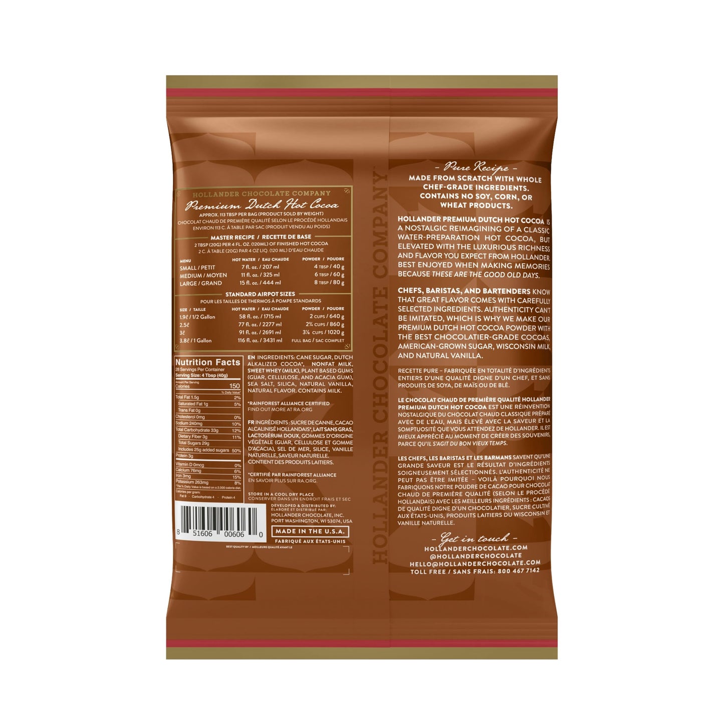Dutched Premium Hot Cocoa by Hollander Chocolate | Nostalgic Rich & Creamy Flavor | Bulk Bag 2.5 lbs