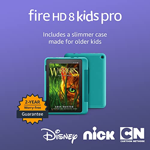 Amazon Fire HD 8 Kids Pro tablet- 2022, ages 6-12 | 8" HD screen, slim case for older kids, ad-free content, parental controls, 13-hr battery, 32 GB, Hello Teal