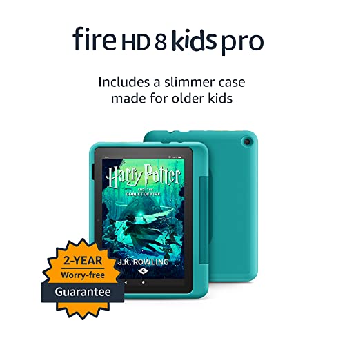 Amazon Fire HD 8 Kids Pro tablet- 2022, ages 6-12 | 8" HD screen, slim case for older kids, ad-free content, parental controls, 13-hr battery, 32 GB, Hello Teal