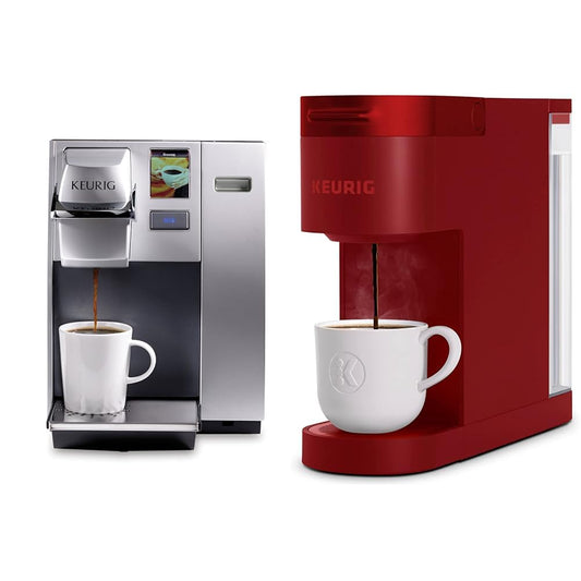 Keurig K155 Office Pro Single Cup Commercial K-Cup Pod Coffee Maker, Silver & ® K- Slim® Single Serve K-Cup Pod Coffee Maker, Multistream™ Technology, Scarlet Red