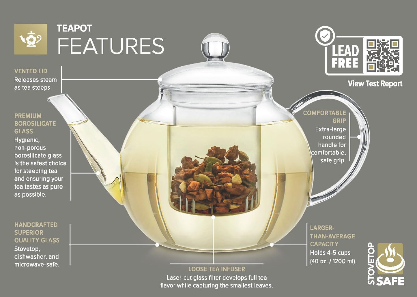 Teabloom Stovetop & Microwave Safe Glass Teapot (40 oz) with Removable Loose Tea Glass Infuser – Includes 2 Blooming Teas – 2-in-1 Tea Kettle and Tea Maker