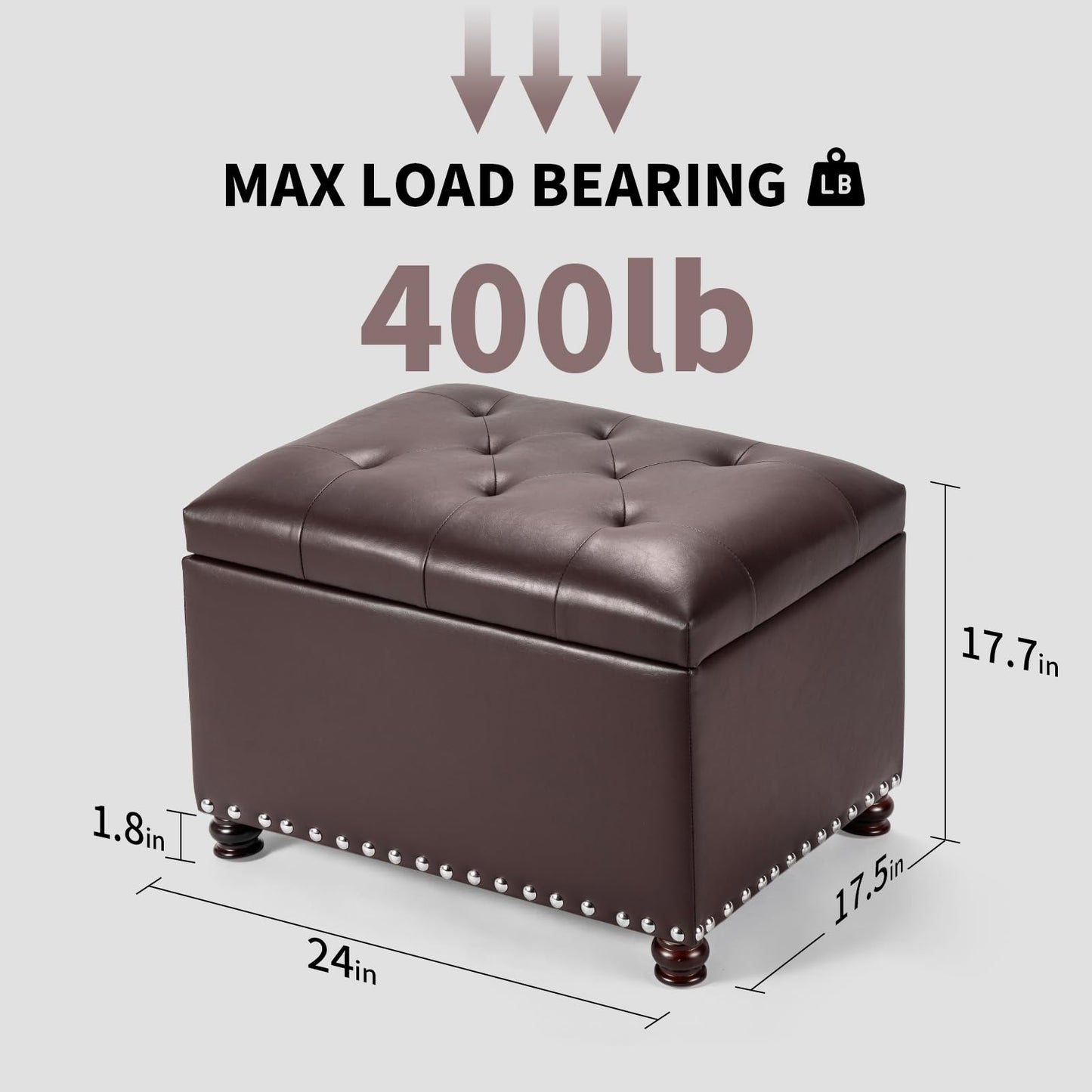 Joveco Faux Leather Storage Ottoman Bench Rectangle 24 Inch Foot Rest Ottomans (Brown)
