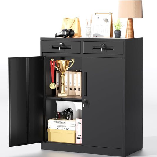 Greenvelly Metal Storage Cabinet with Drawers, 42" H Black Steel Locking Storage Cabinet with Doors and Adjustable Shelves, Lockable Metal File Cabinet for Home Office, School, Garage