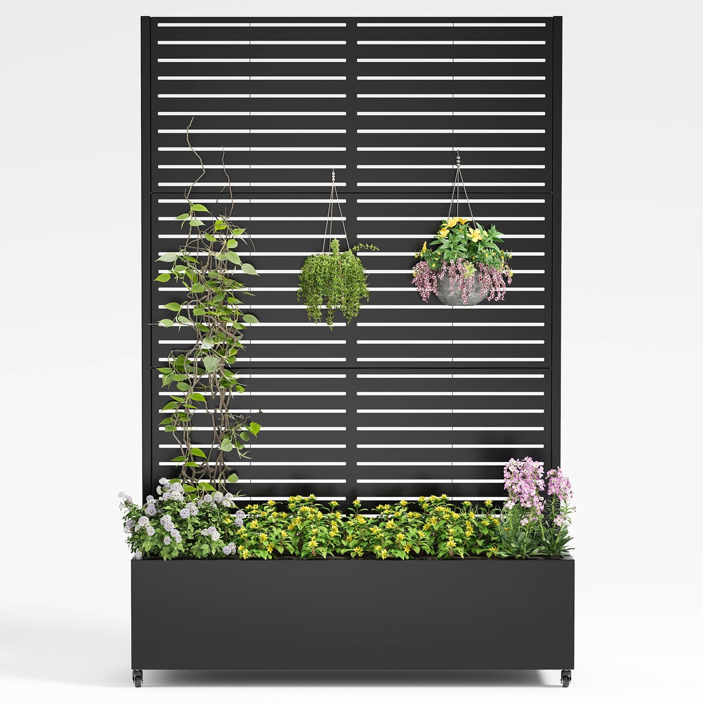 Metal Planter Box with Trellis,72"x47"x15.7",Galvanized Raised Garden Bed Trellis Outdoor Planter with Privacy Screen & Wheels and Drainage Holes,for Patio Climbing Vegetables,Flowers,Vines,Black
