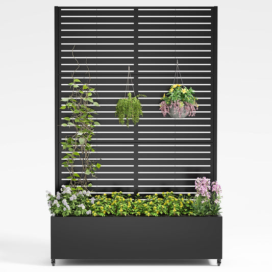 Metal Planter Box with Trellis,72"x47"x15.7",Galvanized Raised Garden Bed Trellis Outdoor Planter with Privacy Screen & Wheels and Drainage Holes,for Patio Climbing Vegetables,Flowers,Vines,Black