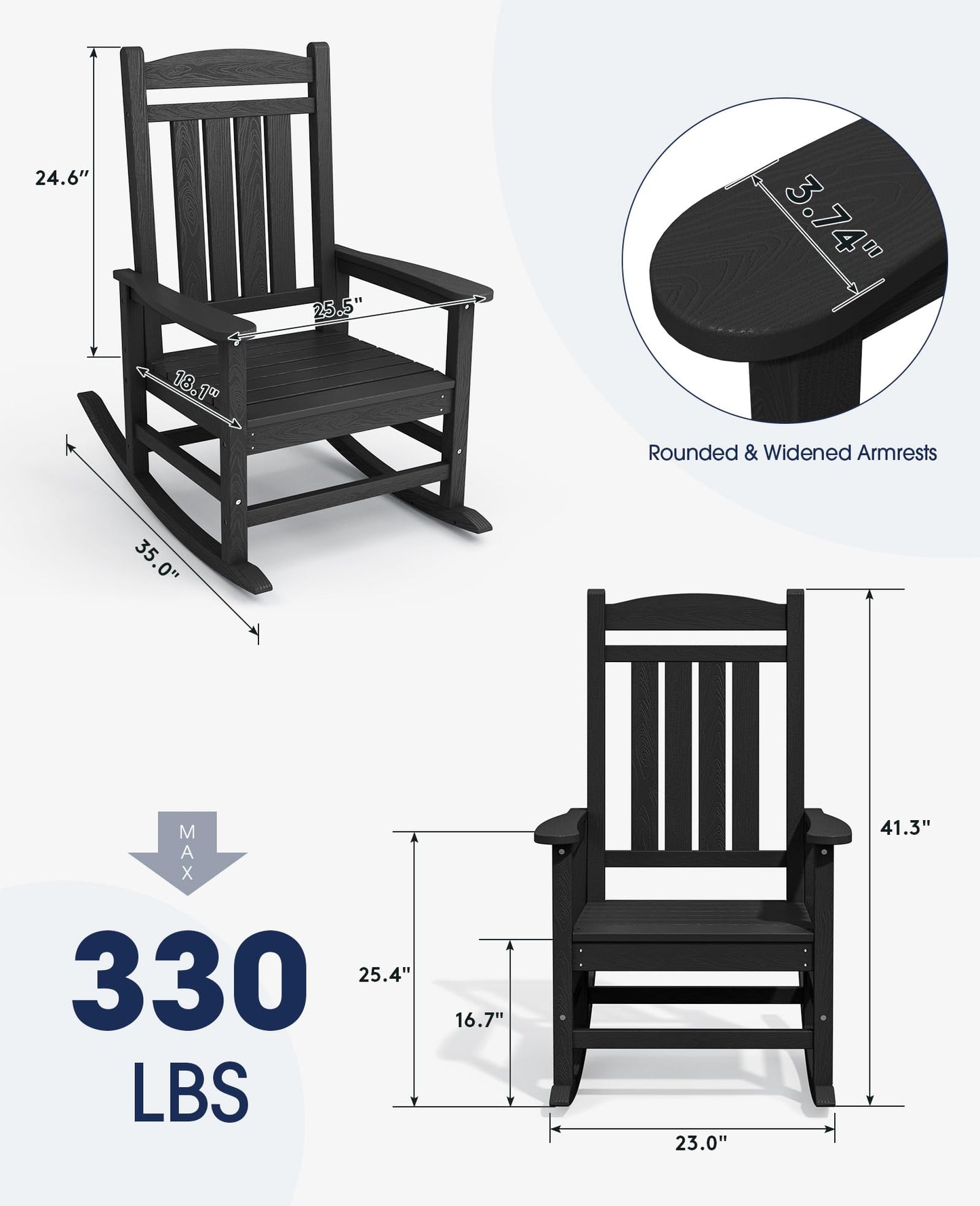 KINGYES Weather Resistant Outdoor Rocking Chair Set of 2, High Density Polyethylene Patio Rocking Chairs with 330lbs Support for Adults, Black