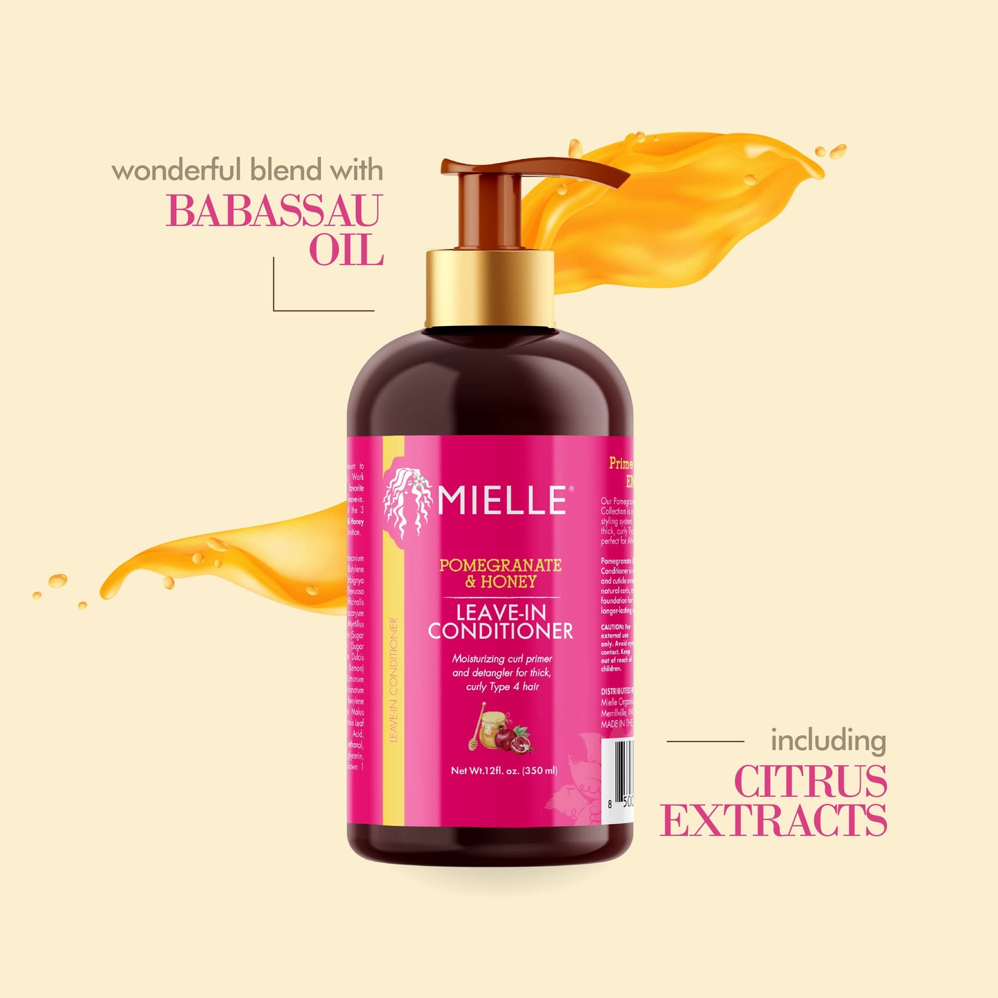 Mielle Organics Pomegranate & Honey Leave-In Conditioner, Moisturizing Curl Primer and Detangler, Repair Damage and Prevent Frizz, Treatment For Thick Curly Hair Type 4 Hair, 12-Fluid Ounces