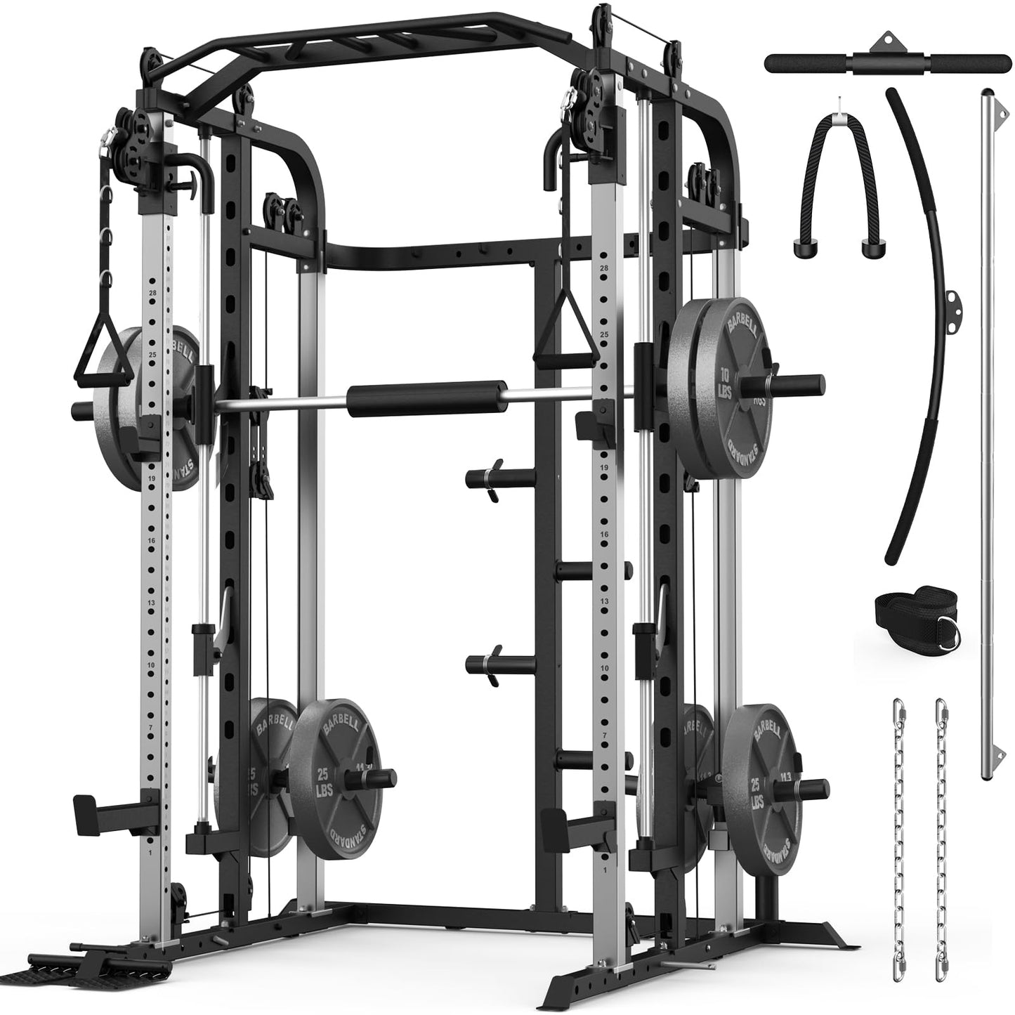 Royal Fitness Smith Machine with 140Lbs Solid Cast Iron Olympic Weight Plates, Power Cage Rack with Smith Bar and Cable Pulley System for Home Gym