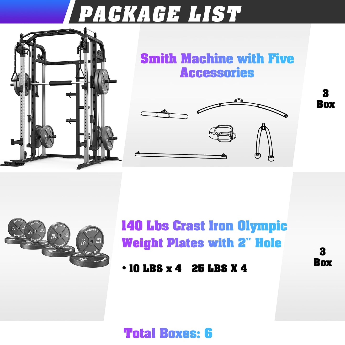 Royal Fitness Smith Machine with 140Lbs Solid Cast Iron Olympic Weight Plates, Power Cage Rack with Smith Bar and Cable Pulley System for Home Gym