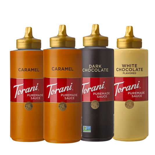 Torani Puremade Dessert & Drink Sauce Variety Pack, Dark Chocolate, White Chocolate & 2 Caramel, 16.5 fl oz (Set of 4)