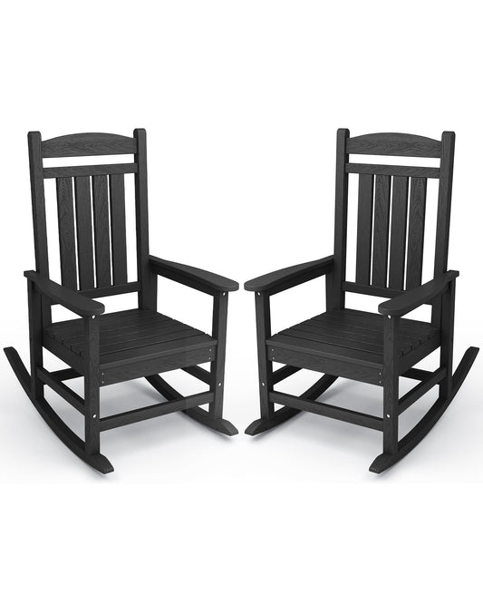 KINGYES Weather Resistant Outdoor Rocking Chair Set of 2, High Density Polyethylene Patio Rocking Chairs with 330lbs Support for Adults, Black