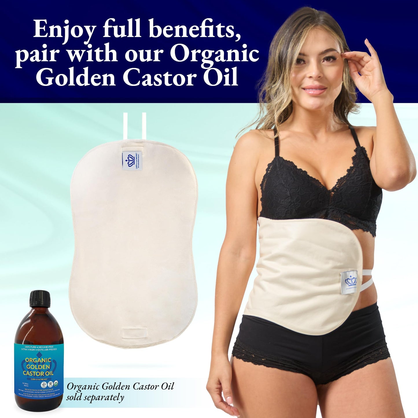 QUEEN OF THE THRONES Castor Oil Pack for Liver (Compress) Less Mess, Reusable, Comfort Sleep Fit - Organic Cotton Flannel, Soft Ties & Naturopathic Doctor Designed (Castor Oil Sold Separately)