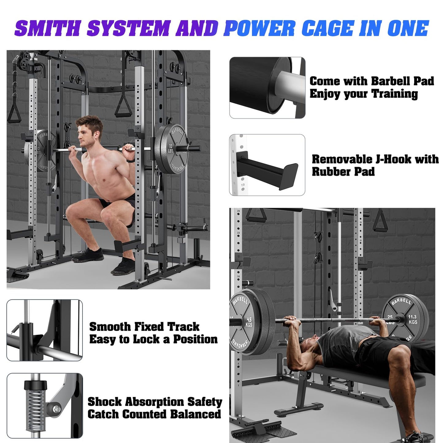 Royal Fitness Smith Machine with 140Lbs Solid Cast Iron Olympic Weight Plates, Power Cage Rack with Smith Bar and Cable Pulley System for Home Gym