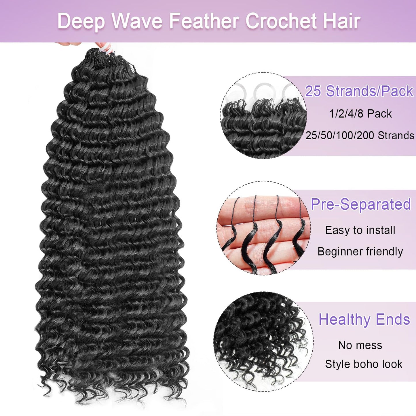 Deep Wave Feather Crochet Hair, 100 Strands Miracle Knots Hair Curly Crochet Hair for Black Women Pre-Separated Invisible Knotless, Feathered Crochet Hair Extensions (18 Inch 1B)