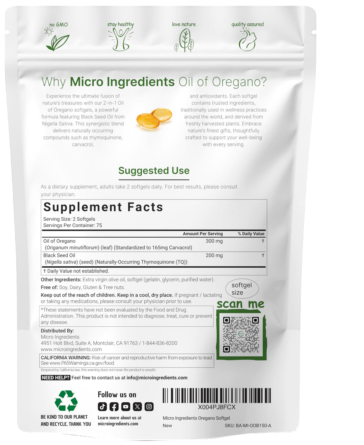 Micro Ingredients Oil of Oregano Softgels, 150 Count | 2 in 1 Formulated with Black Seed Oil | 4X Strength Carvacrol & Thymoquinone | Plant Based, Non-GMO