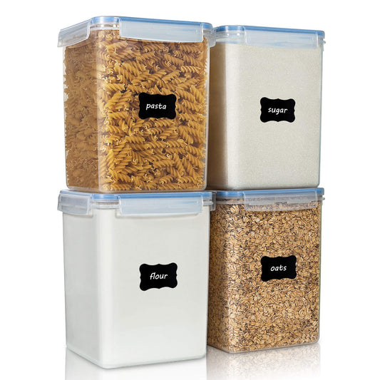 Vtopmart Large Food Storage Containers 5.2L / 175oz, 4 Pieces BPA Free Plastic Airtight Canisters for Flour, Sugar, Baking Supplies, Rice with Lids, 4 Measuring Cups and 24 Labels, Blue