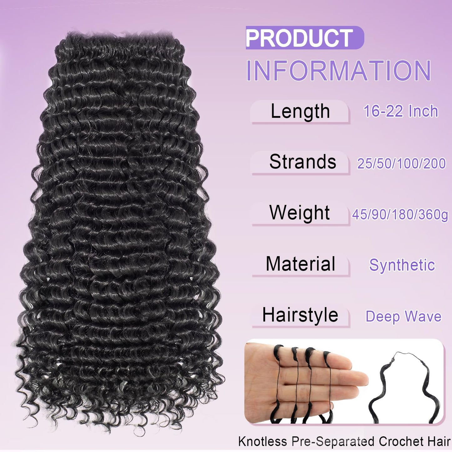 Deep Wave Feather Crochet Hair, 100 Strands Miracle Knots Hair Curly Crochet Hair for Black Women Pre-Separated Invisible Knotless, Feathered Crochet Hair Extensions (18 Inch 1B)