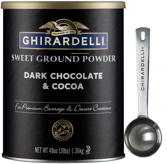 Ghirardelli Sweet Ground Dark Chocolate & Cocoa Powder, 3 Pound Can (Pack of 1) with Ghirardelli Stamped Barista Spoon