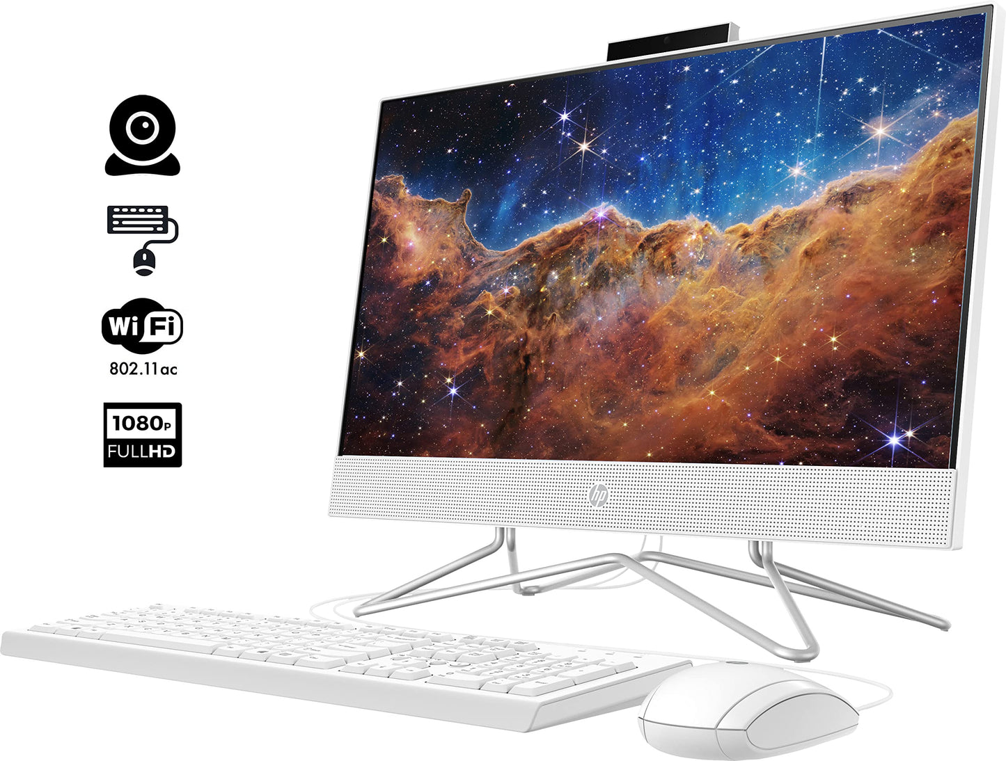 HP 2022 All-in-One Desktop, 21.5" FHD Display, Intel Celeron J4025 Processor, 8GB RAM, 256GB PCIe SSD, Webcam, WiFi, HDMI, RJ-45, Wired Keyboard&Mouse, Windows 11 Home, White