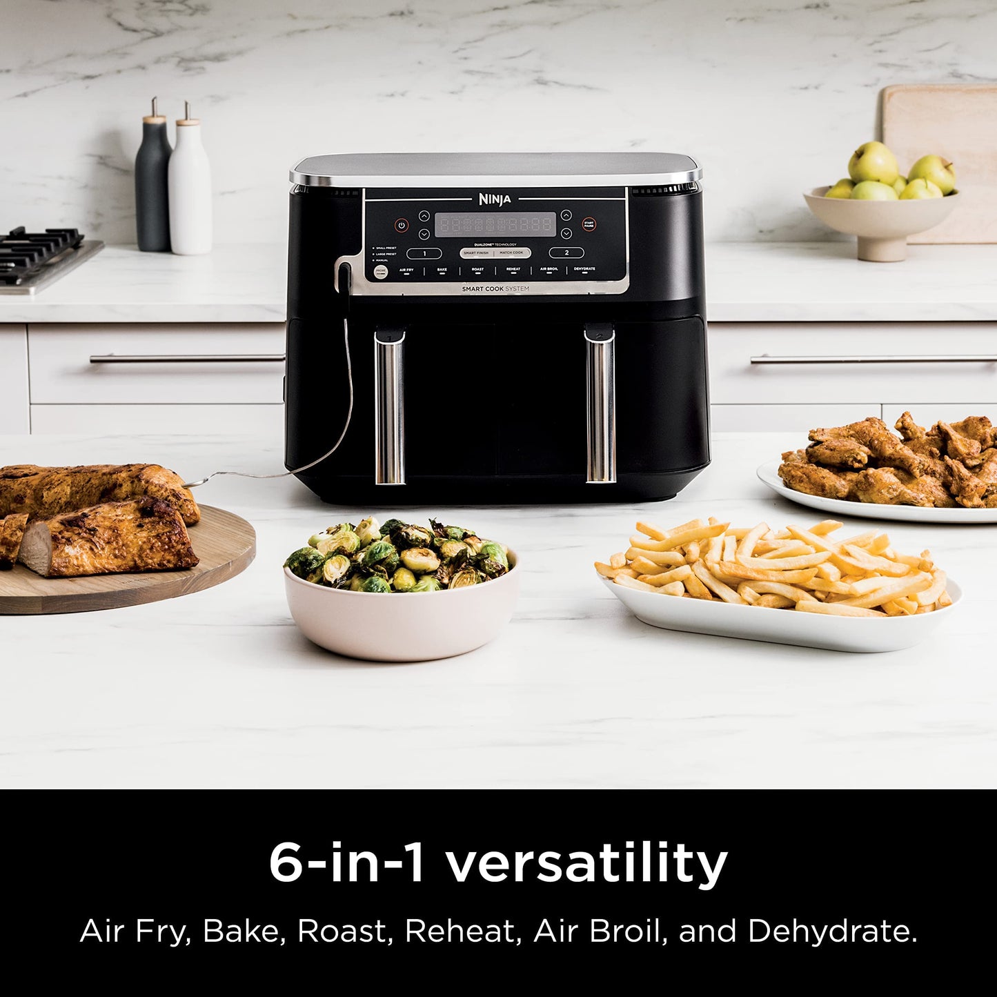 Ninja Air Fryer, Thermometer, Roast, Bake, Air Fry, Crisps, Broil, Reheats, Keep Warm, 10-in-1, Fries, Frozen Food, Veggies, and Meat, Quick Meals, Healthy Meals, Less Oil, 10 QT, Grey, DZ550