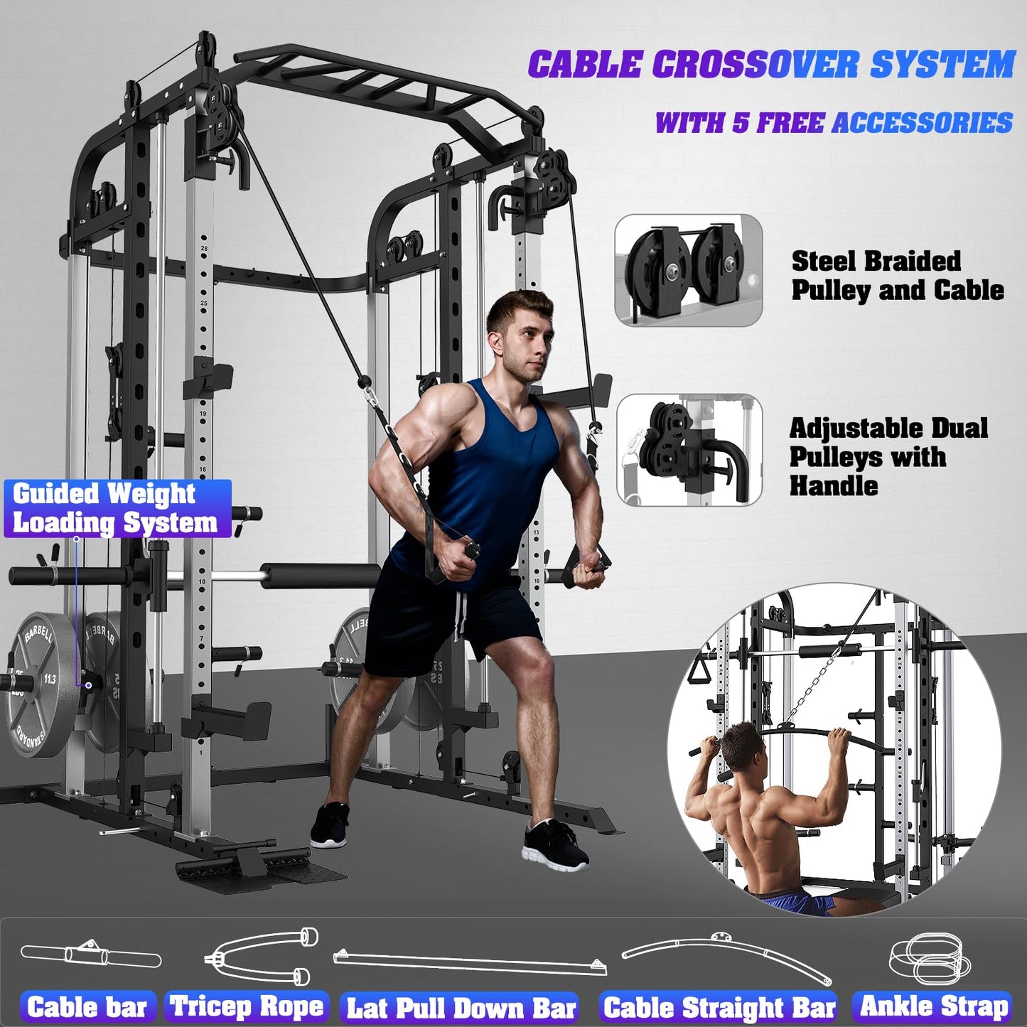 Royal Fitness Smith Machine with 140Lbs Solid Cast Iron Olympic Weight Plates, Power Cage Rack with Smith Bar and Cable Pulley System for Home Gym