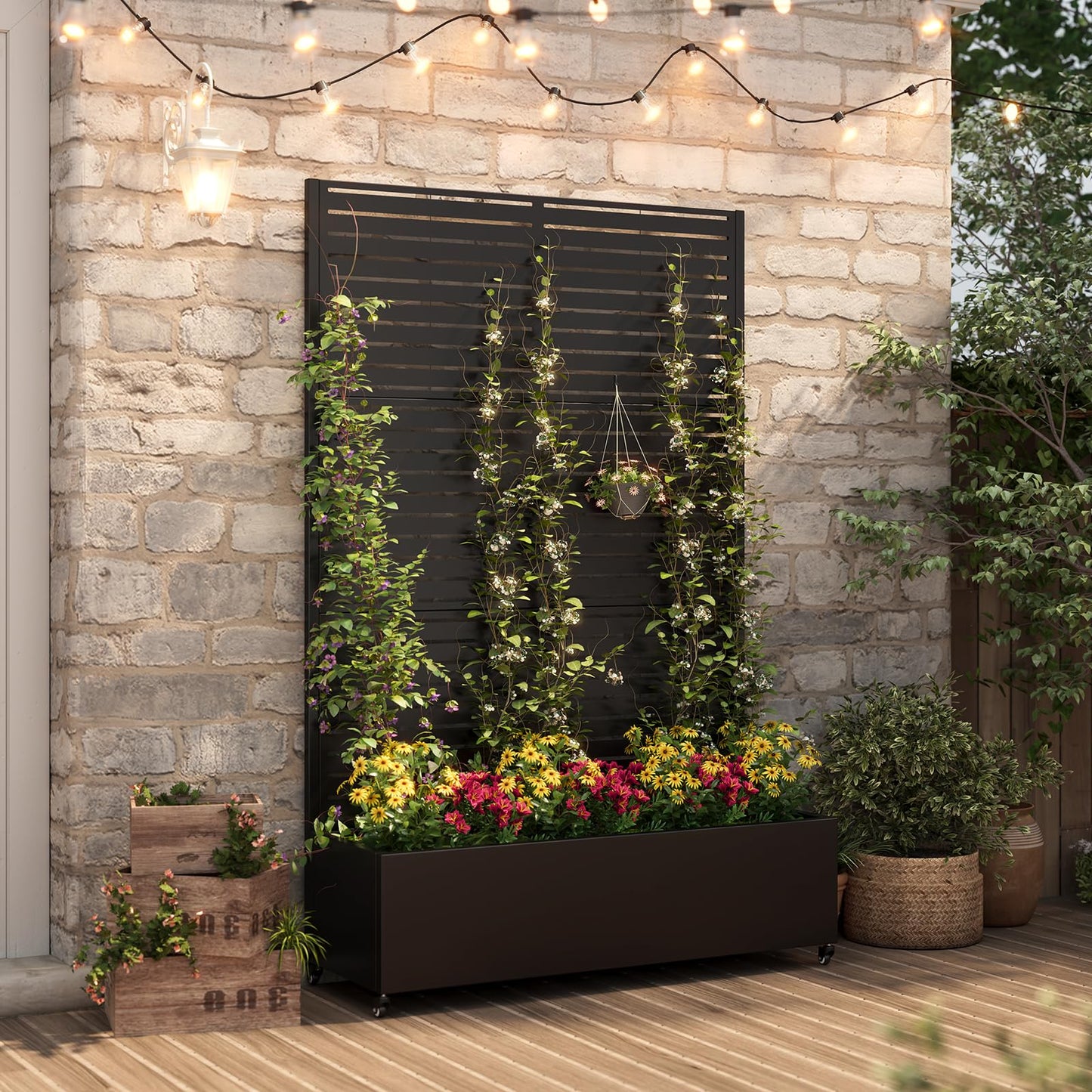Metal Planter Box with Trellis,72"x47"x15.7",Galvanized Raised Garden Bed Trellis Outdoor Planter with Privacy Screen & Wheels and Drainage Holes,for Patio Climbing Vegetables,Flowers,Vines,Black