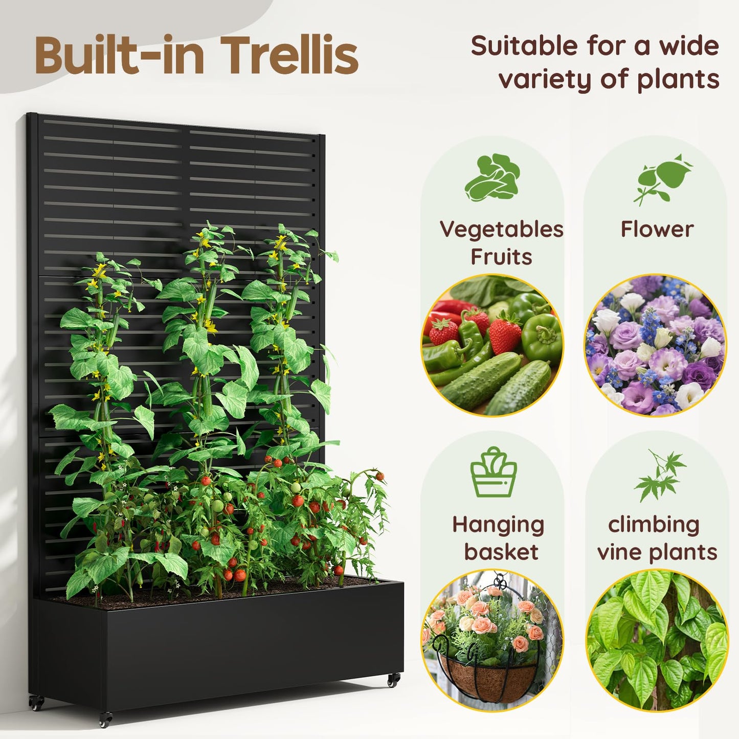 Metal Planter Box with Trellis,72"x47"x15.7",Galvanized Raised Garden Bed Trellis Outdoor Planter with Privacy Screen & Wheels and Drainage Holes,for Patio Climbing Vegetables,Flowers,Vines,Black