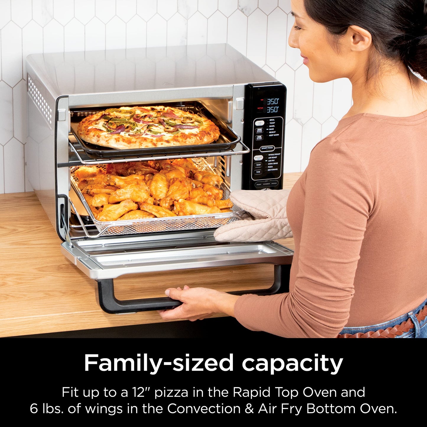 Ninja DCT451 12-in-1 Smart Double Oven with FlexDoor, Thermometer, FlavorSeal, Smart Finish, Rapid Top Convection and Air Fry Bottom , Stainless Steel (pack of 1)